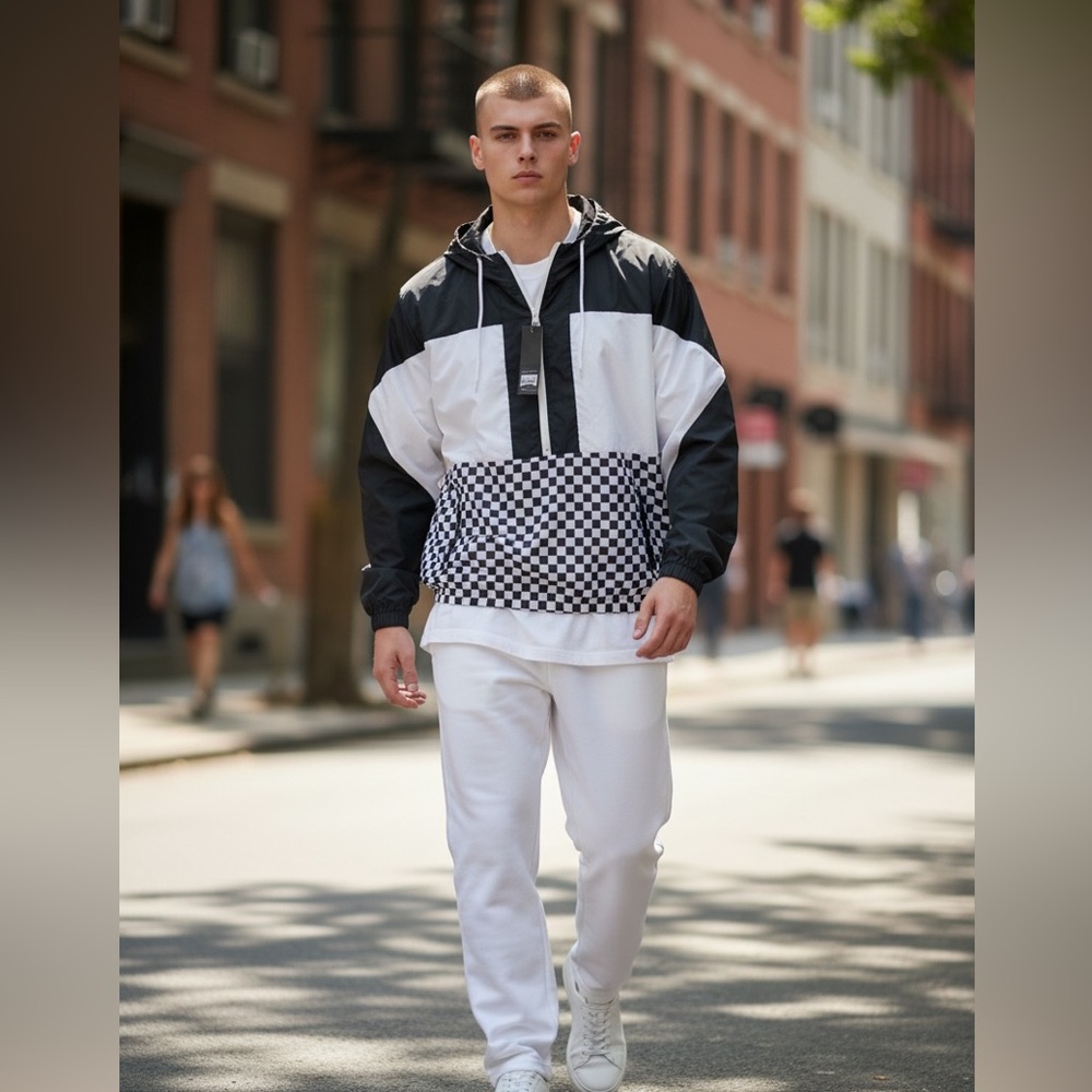 Windbreaker Black & White Checkered Men’s Jacket 3/4 Zip Oversized New